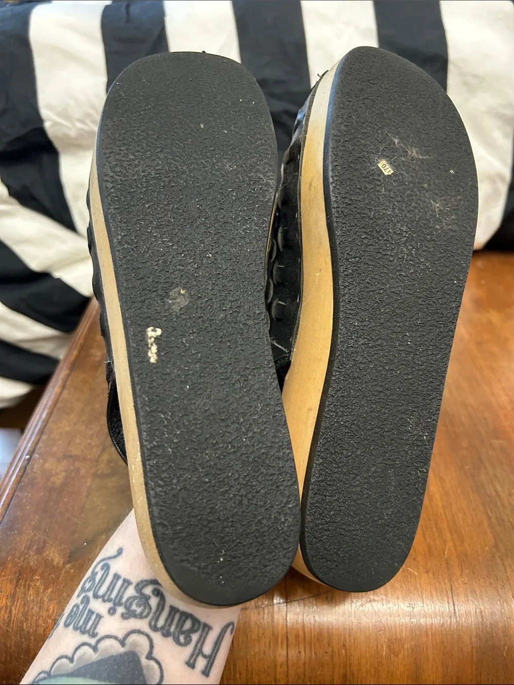 Swedish Hasbeens Black Woven Leather Wedge Clogs